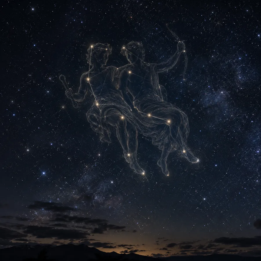 The Twins drawn over the stars of the constellation Gemini